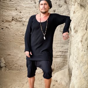 Oversized Knit Cotton Shirt: Deep V Neck Thumb