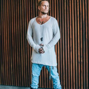 Oversized Knit Cotton Shirt: Deep V Neck Thumb