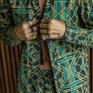 Geometric Print Cotton Buttonup Shirt: Green Boho Festival