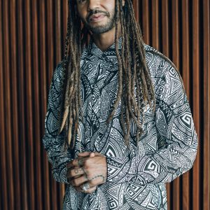 Men's Sacred Geometry Pattern Buttonup Shirt: Black &