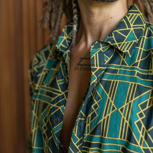 Geometric Print Cotton Buttonup Shirt: Green Boho Festival