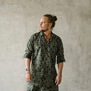 Geometric Print Cotton Buttonup Shirt: Green Boho Festival