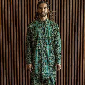 Geometric Print Cotton Buttonup Shirt: Green Boho Festival