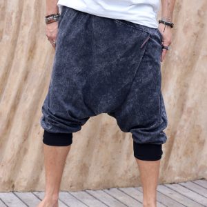 Men's Harem Capri Shorts: Stonewashed Cotton Twill Zipper