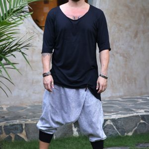 Men's Harem Capri Shorts: Stonewashed Cotton Twill Zipper