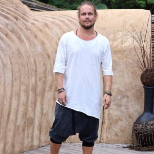 Men's Harem Capri Shorts: Stonewashed Cotton Twill Zipper