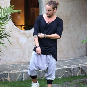 Men's Harem Capri Shorts: Stonewashed Cotton Twill Zipper